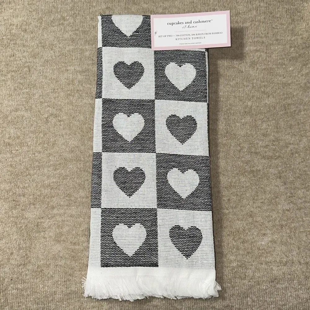 cupcakes and cashmere White Black Checkered Heart Grid Cotton Blend Tea Towels
